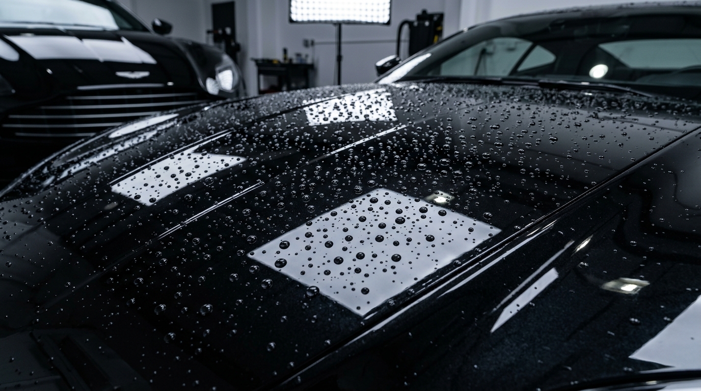 Capô de carro com acabamento vitrificado espelhado e gotas de água hidrofóbicas sob luz de estúdio automotivo