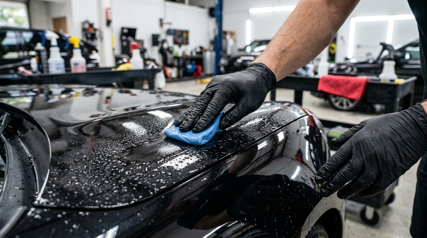 Descontaminação da pintura automotiva com clay bar e lubrificante técnico para remover manchas incrustadas