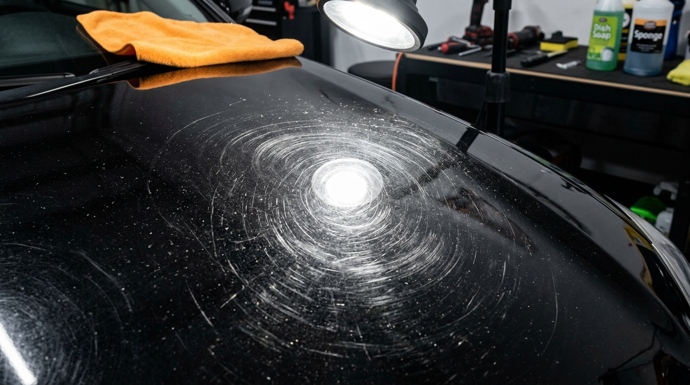 Pintura de carro danificada com microarranhões circulares provocados por esponja e sabão inadequados