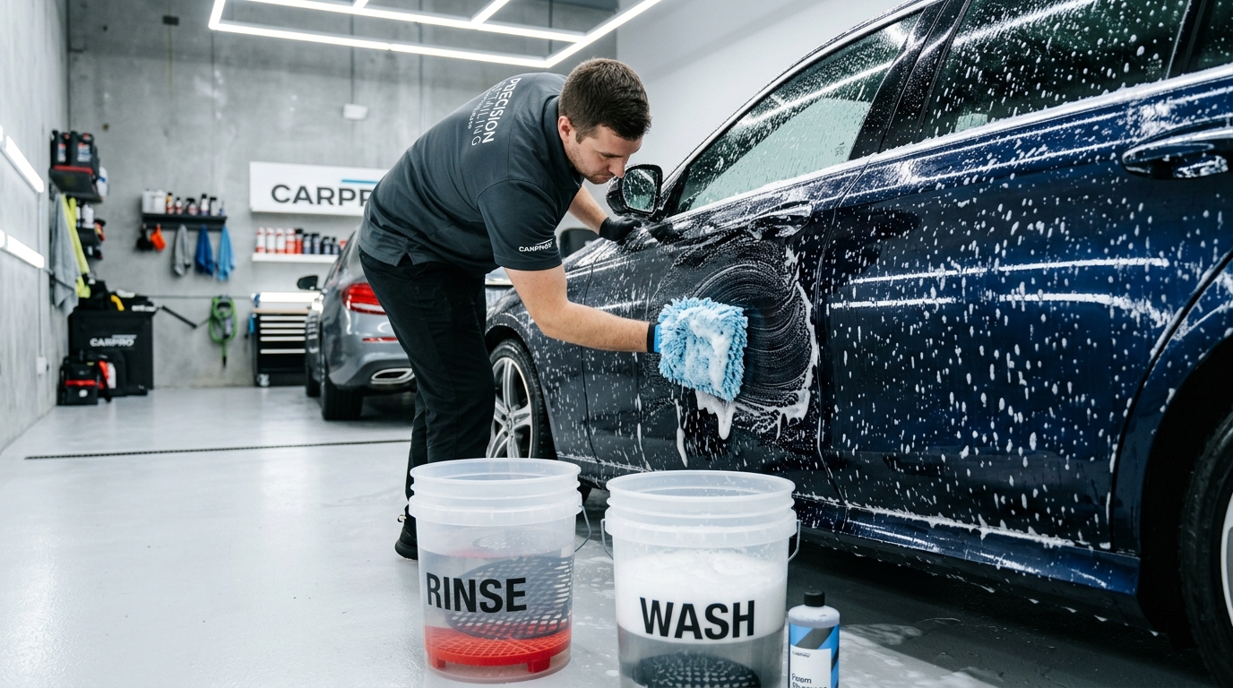 Técnico realizando lavagem automotiva com luva especial de microfibra e baldes com grelha grit guard