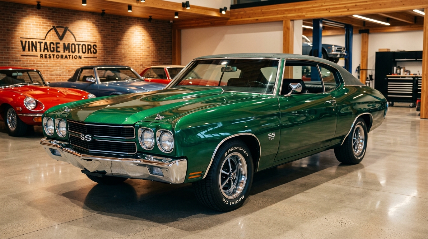 Carro clássico cupê restaurado impecável em verde metálico brilhante com cromados em showroom de luxo